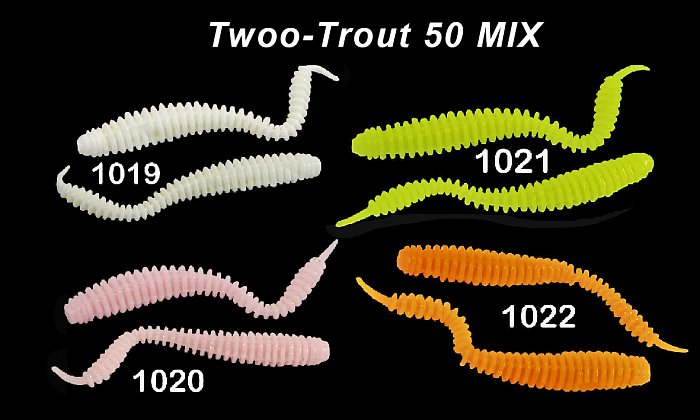 Силиконовая приманка "Volzhanka Twoo-trout 50" цвет mix (1019+1020+1021+1022) (в упак. 16шт)