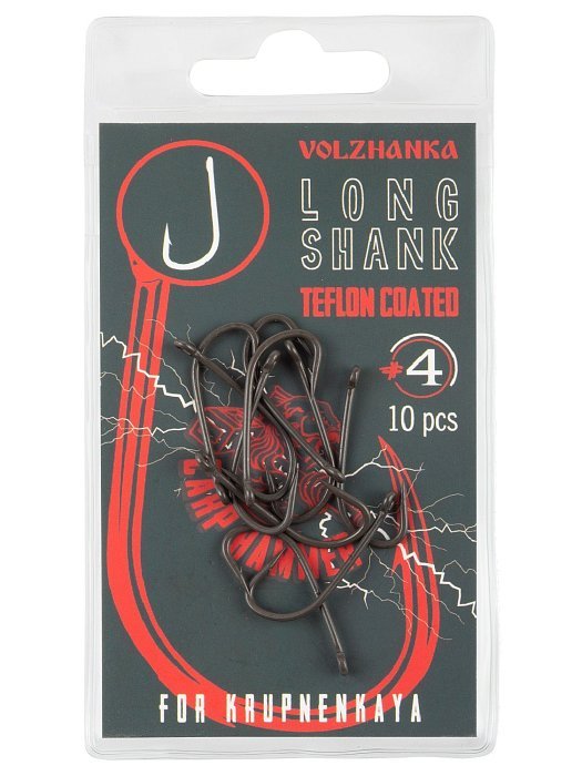 Крючок карповый "Volzhanka Long Shank Teflon" №4 (10 штук)